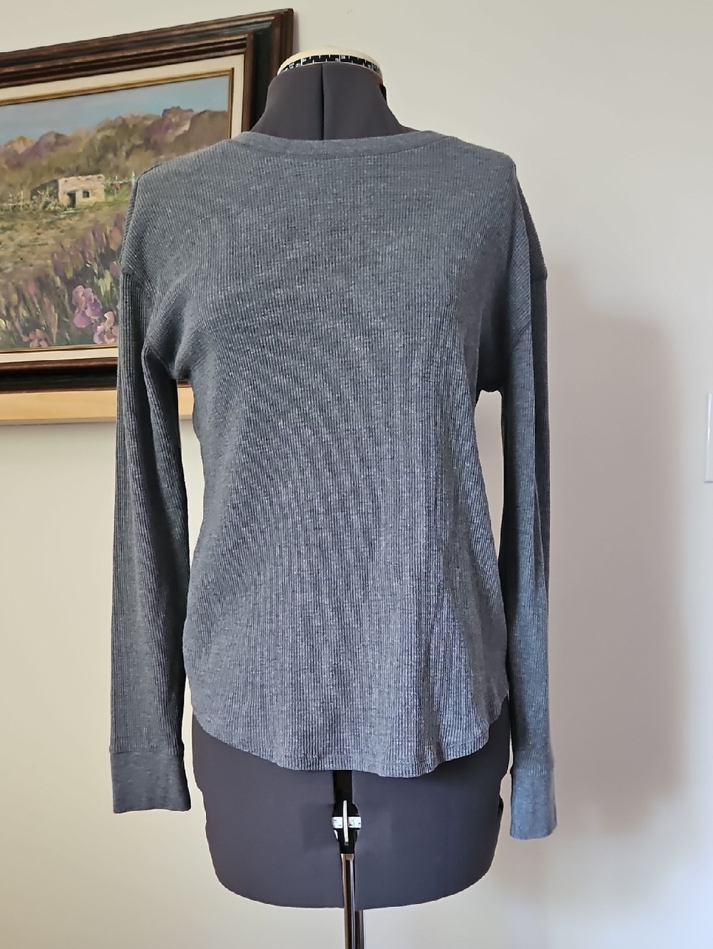 Time and Tru Long-Sleeve Ribbed Crewneck Top - Gray